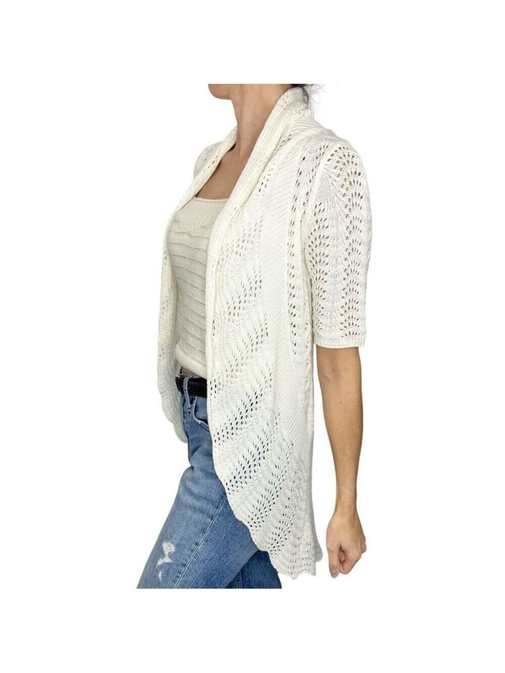 Belldini boho cream open front crochet waterfall tunic cardigan sweater S